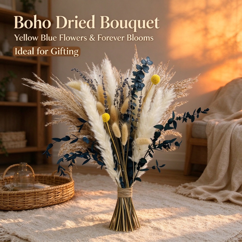 Pampas Grass Decor - باقة من زهور البامباس المجففة، مزينة